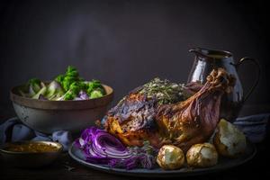 Cripsy roasted pork knuckle served with potatoes and pickled cabbage food photography photo