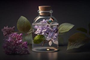 Unique and aromatic lilac fragrance in vial. Blooming lilac scent photography photo