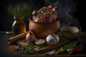 Ingredients for roasted pork knuckle in casserole with spices photo