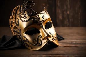 Golden venetian mask on a wooden table photo