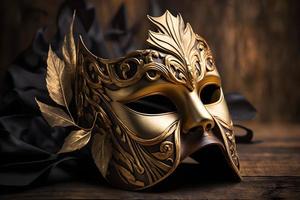 Golden venetian mask on a wooden table photo