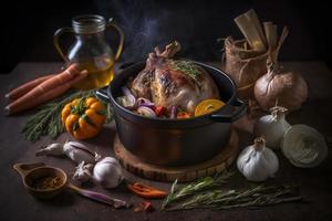 Ingredients for roasted pork knuckle in casserole with spices photo