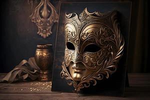 Golden venetian mask on a wooden table photo