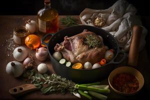 Ingredients for roasted pork knuckle in casserole with spices photo