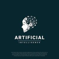 artificial intelligence head robot ai logo, head female robot and brain symbol connected dot and line for artificial intelligence symbol vector