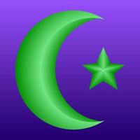 Shiny symbol of a star and crescent with green color and purple background element for ramadan celebration in muslim culture and islam religion vector