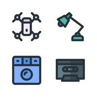 Electronics Device icons set. flying drone, lamp, washing machine, tape recorder. Perfect for website mobile app, app icons, presentation, illustration and any other projects vector