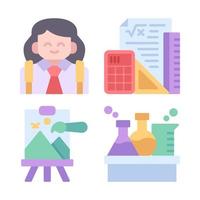 educación íconos colocar. estudiante chica, matemáticas, pintar lienzo, química laboratorio. Perfecto para sitio web móvil aplicación, aplicación iconos, presentación, ilustración y ninguna otro proyectos vector