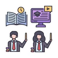 Education icons set. Reading book, online learning, teacher man, girl. Perfect for website mobile app, app icons, presentation, illustration and any other projects vector