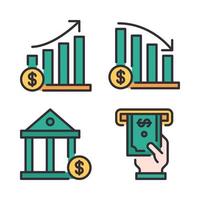 Currency Icons Set. Stock increase, stock decrease, bank, money withdraw. Perfect for website mobile app, app icons, presentation, illustration and any other projects vector