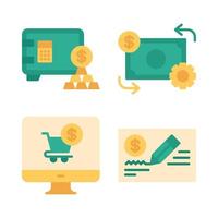 Currency Icons Set. money saving, cashflow, monitor, bank cheque. Perfect for website mobile app, app icons, presentation, illustration and any other projects. vector