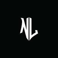 Cinta del logotipo de la letra del monograma de nl con el estilo del escudo aislado en fondo negro vector