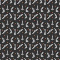 Seamless pattern with cute Easter bunnies and carrots on a dark gray background. Cartoon vector illustration.