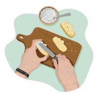 manos de mayor con reloj inteligente untado crema queso en un crujiente rebanada de un pan con cuchillo en un de madera corte tablero con migas desde personal punto de vista. proceso de cocinando. vector plano concepto