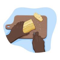 Hands of black person cut crispy bread with knife on a wooden cutting board with crumbs from personal point of view. Process of cooking. Vector flat sketch isolated illustration. Concept. POV