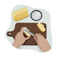 Hands of young person spread cream chease on a crispy slice of bread with knife on a wooden cutting board with crumbs from personal point of view. Process of cooking. Vector flat isolated concept