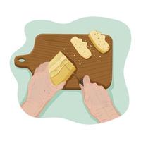 Hands of senior cut crispy bread with knife on a wooden cutting board with crumbs from personal point of view. Process of cooking. Vector flat sketch isolated illustration. Concept. POV