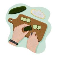 Hands of senior with smartwatch cut cucumber with a knife on a wooden chopping board, another cucumber and sandwich with cream cheese around. Personal point of view. Process of cooking. Vector flat