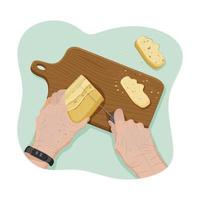 Hands of senior with smartwatch cut crispy bread with a knife on a wooden cutting board with crumbs from personal point of view. Process of cooking. Vector flat sketch isolated illustration. Concept.