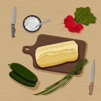 Flatly of items for healthy sandwich on wooden table. Cutting board, white wheat bread, radishes, cucumbers, spring onions, khifes, bowl with cream cheese. Vector flat concept illustration