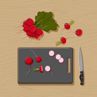 Flat lay for healthy vegetarian food on wooden background. Cutting board, kitchen knife, bundle of radishes and cutted radish. Top view illustration. Flat concept. vector