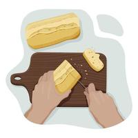 Hands of young person cut crispy bread with knife on a wooden cutting board with crumbs from personal point of view. Process of cooking. Vector flat sketch isolated illustration. Concept