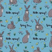 Cozy seamless pattern with hand drawn cartoon rabbit in different position with spring flowers, butterflies and sayings on blue background. Spring, easter background. Kids textile prints, wrapping. vector