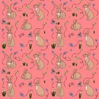 Bright seamless pattern with hand drawn easter bunny, spring flowers and butterflies on pink background. Spring, easter background. Perfect for kids textile prints, wrapping. vector