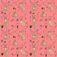 Bright seamless pattern with hand drawn easter bunny, spring flowers and butterflies on pink background. Spring, easter background. Perfect for kids textile prints, wrapping. vector