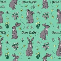 Cute seamless pattern with hand drawn cartoon rabbit in different position with spring flowers, butterflies, cherry blossom and sayings on green background. Spring, easter background. Kids textile vector