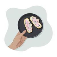 Left hand of young person keeps plate with healthy sandwish with radish and spring onion on wheat crispy bread. From the personal point of view. Result of cooking. Vector flat isolated concept