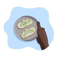 Right hand of black man keeps plate with healthy sandwish with cucumber and spring onion on wheat crispy bread and. From the personal point of view. Result of cooking. Vector flat isolated concept