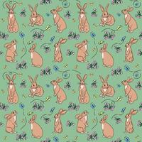 Bright seamless pattern with hand drawn easter bunny, cherry blossom and butterflies on green background. Spring, easter background. Perfect for kids textile prints, wrapping. vector