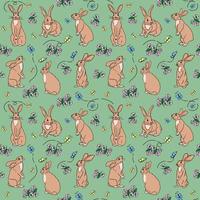 Bright seamless pattern with hand drawn easter bunny, cherry blossom and butterflies on green background. Spring, easter background. Perfect for kids textile prints, wrapping. vector