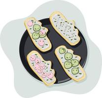 Different healthy vegetarian sandwiches with spring veggies on the plate. Sandwiches with wheat bread, cream cheese, slices of radish, cucumber and spring onion. Top view. Vector flat isolated concept