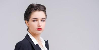 Cropped portrait caucasian successful confident CEO, young woman in formal wear photo
