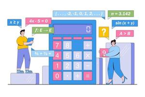 Math science concept with characters. People gaining education. Outline design style minimal vector illustration for landing page, web banner, infographics, hero images