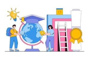Education and learning knowledge concept with characters. School, university and college graduation. Personal growth degree and development using book research, teacher and literature vector