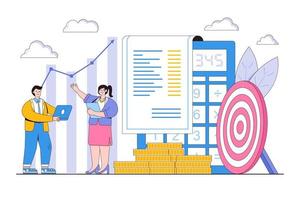 Stock trading concept with characters. People analyzing stock market data and examining financial graphs, charts, diagrams. Outline design style minimal vector illustration for landing page