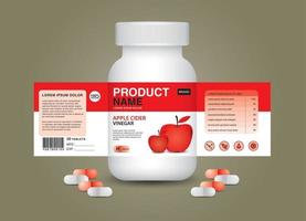 Apple supplement bottle Packaging, Cosmetic packaging. product design. Beauty label, 3d supplement bottle, 3d white plastic Pills box, White medical container. healthcare bottle, realistic mock-up. vector