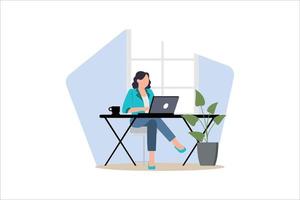 A woman working from home. stay at home, a woman sits at a Desk and works on a laptop. Cozy interior of the room. vector