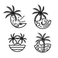 conjunto de isla tropical de olas oceánicas y icono de plantilla de ilustración de vector de arte de línea de logotipo de palmera.