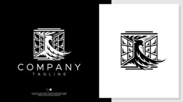 Eagle and window logo design template. Artistic eagle flying logo vector illustration.