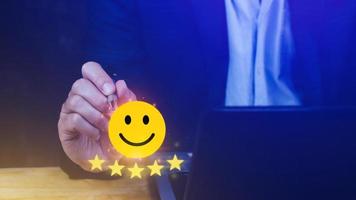 Customer services best excellent business rating experience, Positive Review and Feedback, Satisfaction survey concept. Hand of a businessman show happy smile face with five star. photo