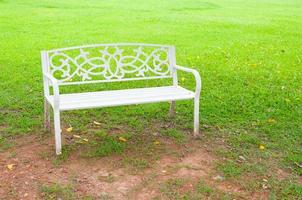 White Chair in the garden green grass background photo