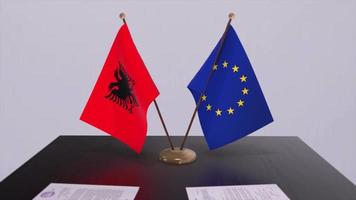 Albanien und EU Flagge auf Tisch. Politik Deal oder Geschäft Zustimmung mit Land 3d Animation video