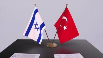 Israel and Turkey flags at politics meeting. Business deal video