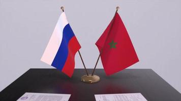 marocko och ryssland nationell flagga, företag möte eller diplomati handla. politik avtal animering video