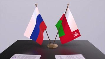 Oman et Russie nationale drapeau, affaires réunion ou diplomatie accord. politique accord animation video