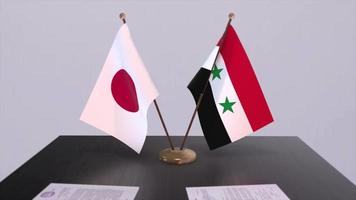 Syria and Japan national flags, political deal, diplomatic meeting. Politics and business animation video